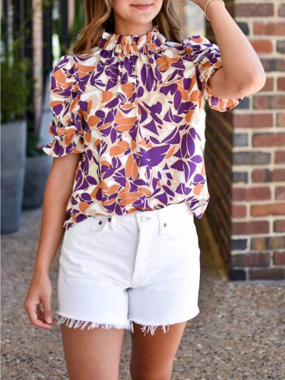 THML Collen Purple and Orange Floral Smocked Neck Blouse